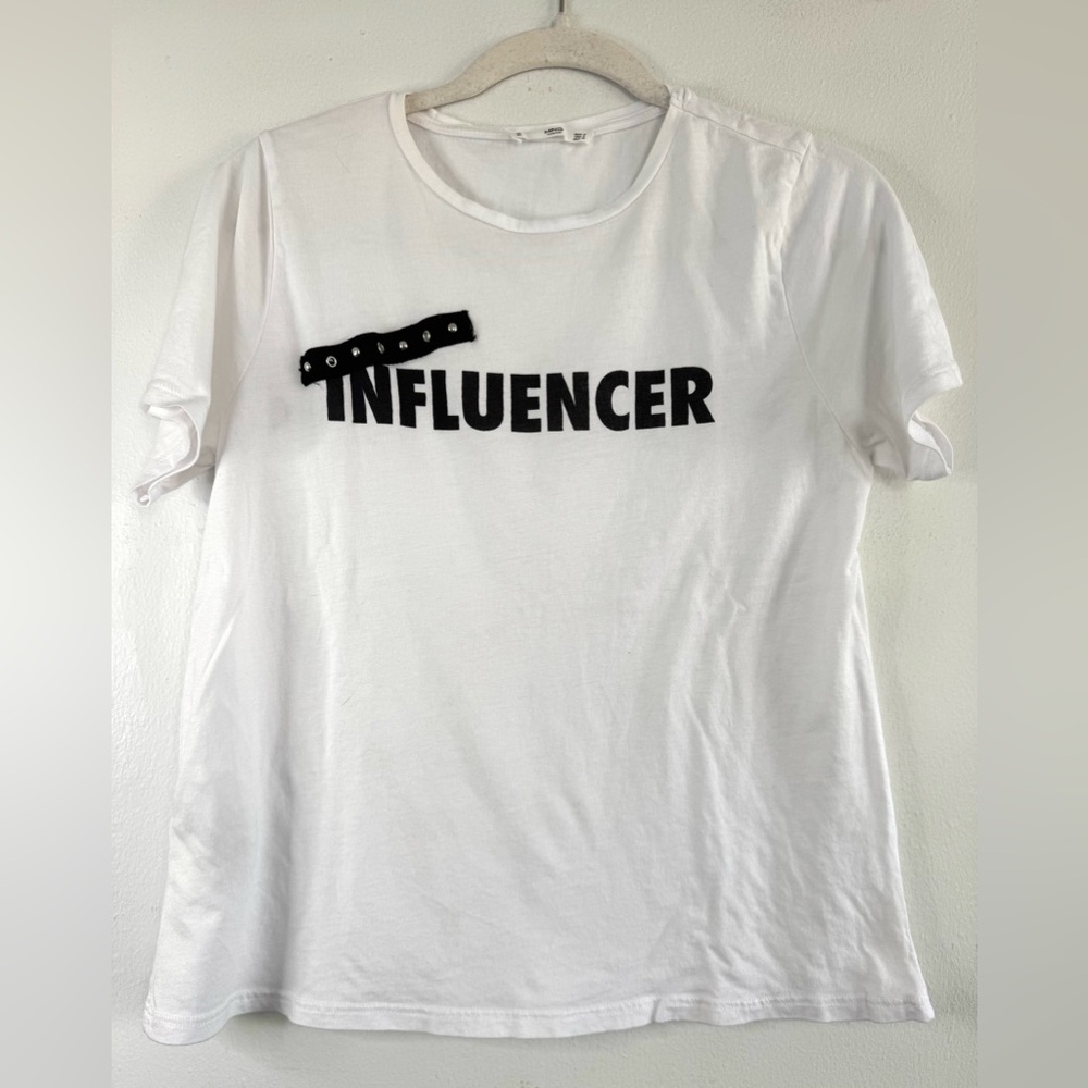Mango White Tee with Black 'INFLUENCER' Print (S)